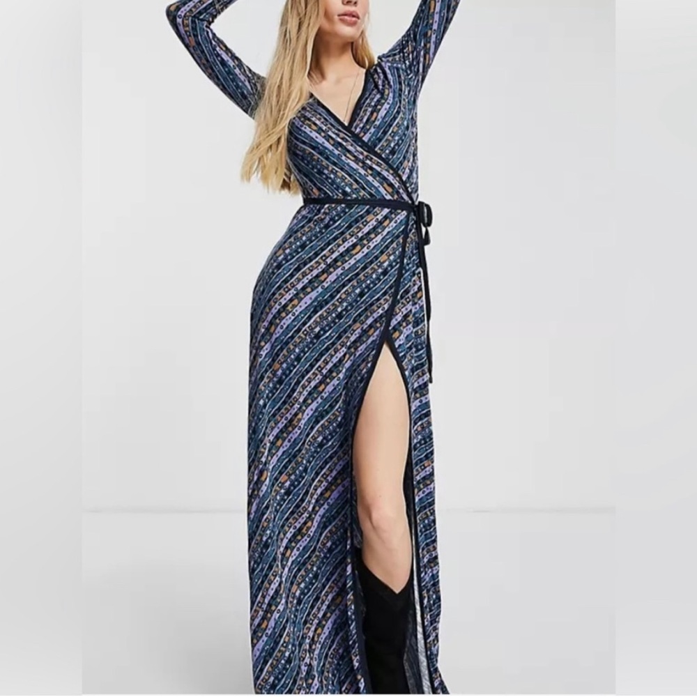 Free People Blue Combo Phoebe Long Sleeve Wrap Maxi Dress NWT $168 final $50